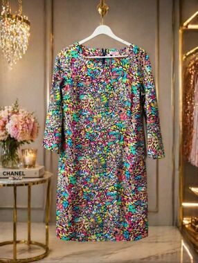 NWOT Lilly Pulitzer 8 Multicolor Floral-Print Long-Sleeve Shift Dress